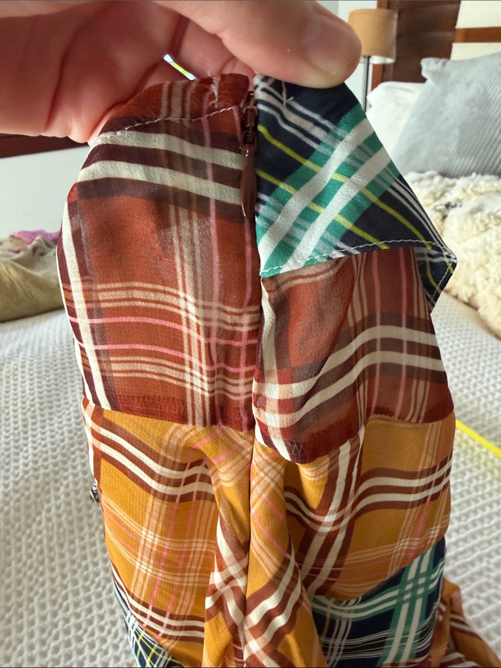Maeve Multicolor Plaid Asymmetrical Slip Dress with Teal & Mustard Panels - Picture 10 of 11